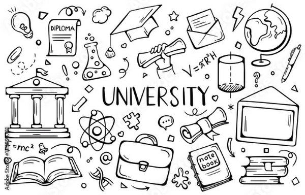 Obraz University. Simple black and white vector set of illustrations, icons and signs related to education, training, school, college
