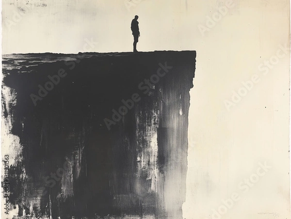 Fototapeta the bold energy of an abstract painting featuring a man’s silhouette standing on a cliff edge.