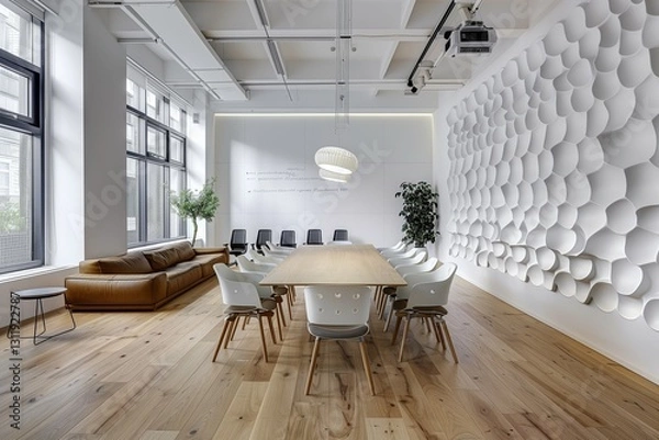 Fototapeta Modern office interior, white walls with hexagon-shaped sound-absorbing wall panels on the right and left sides of the room.