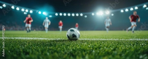 Fototapeta An action-packed soccer match under bright stadium lights with players in motion.