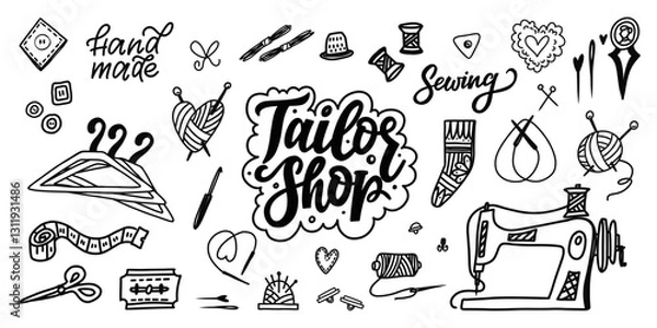 Fototapeta Tailor Shop Doodle Drawings of Sewing Tools and Accessories, Including a Sewing Machine, Spools, Needles, and Tape Measure, Perfect for Tailoring, Creativity, and Crafting Themes. EPS 10