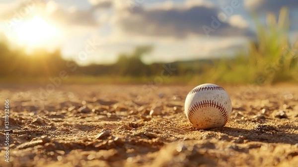 Fototapeta A baseball rests on the ground, illuminated by warm sunlight and surrounded by nature.