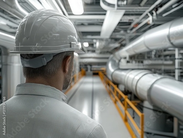 Fototapeta Man in hard hat observing complex industrial pipeline system.