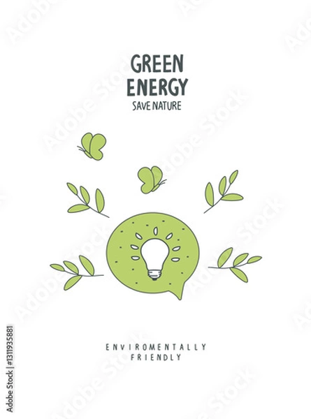 Obraz Vector hand drawn cartoon sketch of energy saving in the speach bubble. LED lamp with green leaf. Alternative green energy concept. Sustainable lifestyle.
