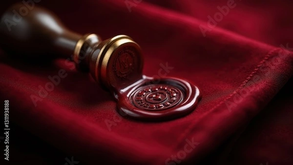 Fototapeta Stamp with Paid mark, Macro photograph capturing classic wax seal with 'PAID' deep crimson hues on velvet dramatic side lighting enhancing gra