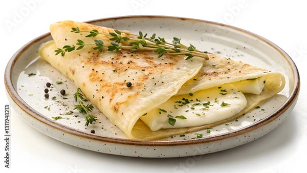 Fototapeta folded savory pancake filled with melted brie and garnished with fresh herbs. Pancake Shrove Tuesday Syrup Toppings Butter