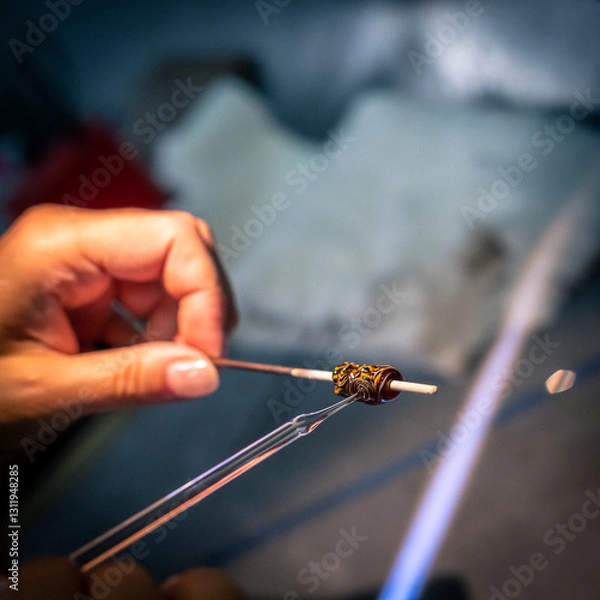 Obraz Close-up of artisan crafting glass bead with flame. 