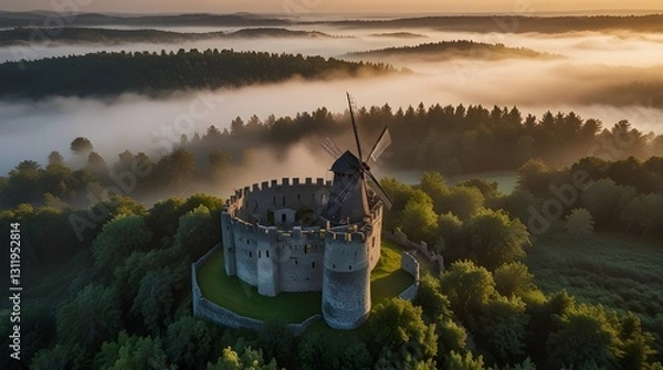 Fototapeta Aerial view of a beautiful fortress and windmill surrounded by fog and forest at sunrise, a beautiful morning. generative.ai