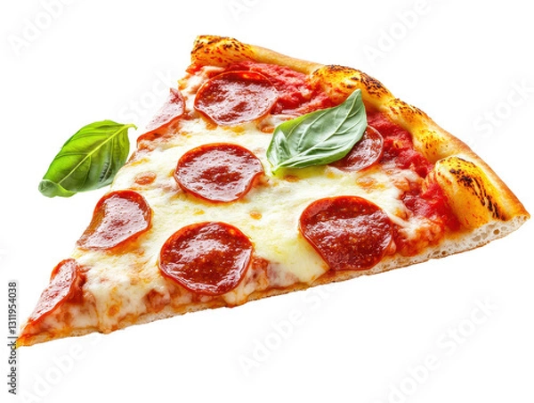 Fototapeta Isolated Slice of Pepperoni Pizza with Basil