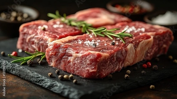 Obraz Fresh, seasoned steaks on slate board