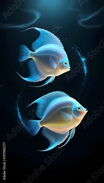 Fototapeta Luminous discus fish glide in a surreal, glowing abyss, surrounded by ethereal light and nebula-like particles.