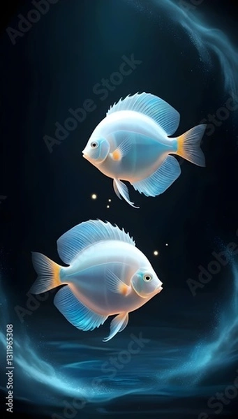 Obraz Luminous discus fish glide in a surreal, glowing abyss, surrounded by ethereal light and nebula-like particles.