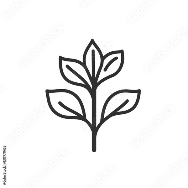 Fototapeta Black and white line art of stylized plant with leaves on a simple stem