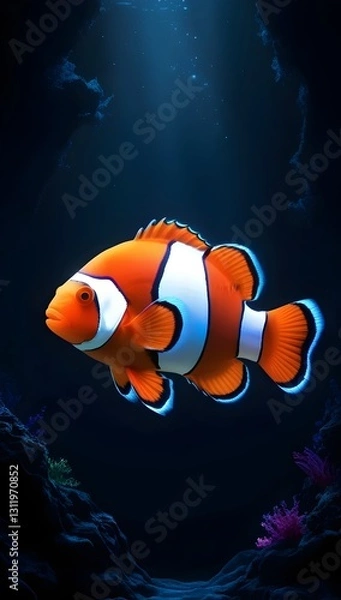 Fototapeta A glowing clownfish with neon red, blue, and turquoise accents swims in a mystical dark ocean, surrounded by ethereal light and color.