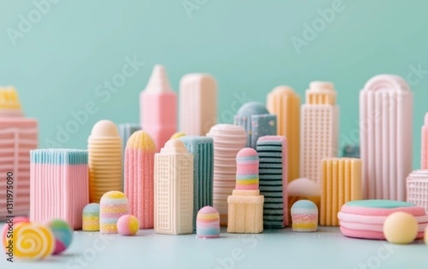Fototapeta Colorful miniature cityscape creative studio food art whimsical environment close-up view imaginative concept