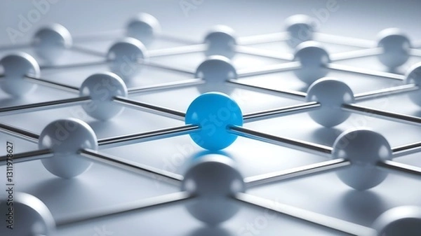 Obraz A network of white spheres connected by thin, silver rods, with one central sphere colored bright blue, digital art