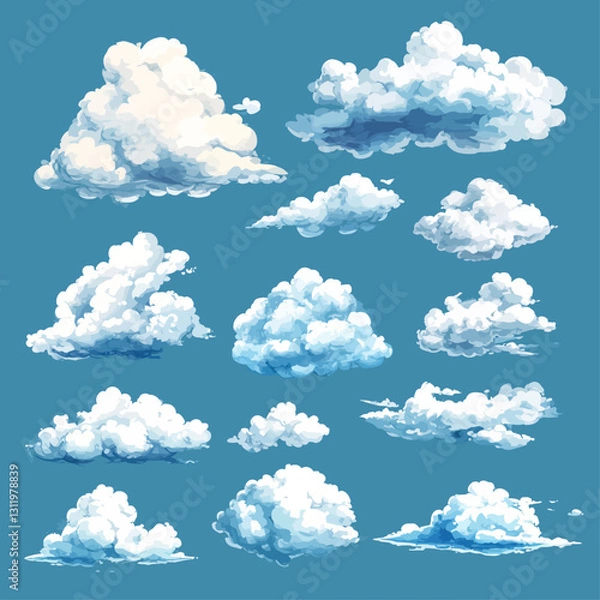 Fototapeta Watercolor Clouds Set Against Blue Sky Backdrop, Vector Illustration
