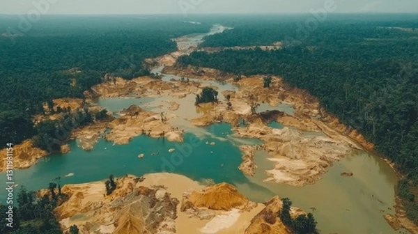 Fototapeta Aerial view of deforestation and river alteration in rainforest