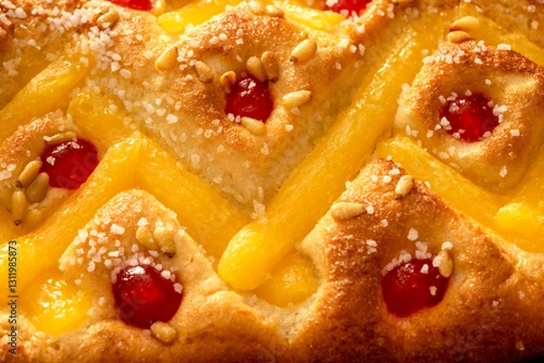 Fototapeta Macro shot of the surface of a "Coca de Sant Joan" with cream, candied cherries, and pine nuts, a festive Catalan sweet typical of the Saint John's Eve celebration, captured in a close-up top view
