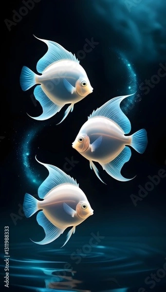 Obraz Luminous discus fish glide in a surreal, glowing abyss, surrounded by ethereal light and nebula-like particles.