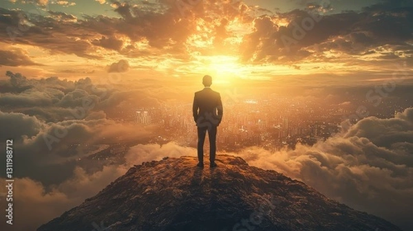 Fototapeta Visionary leader standing at the edge of a cliff, overlooking a futuristic city, symbolizing bold decision-making and strategic foresight, dramatic lighting