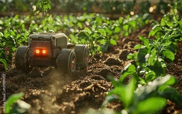 Obraz A robot distributing compost to help nourish crops in a sustainable farm
