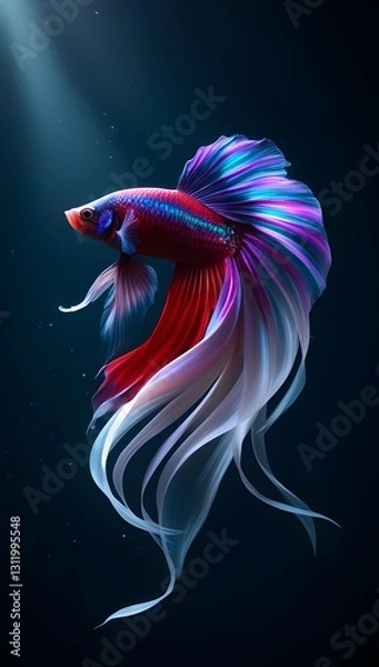 Fototapeta A celestial betta fish with glowing, flowing fins dances gracefully in a mystical, dreamlike darkness.