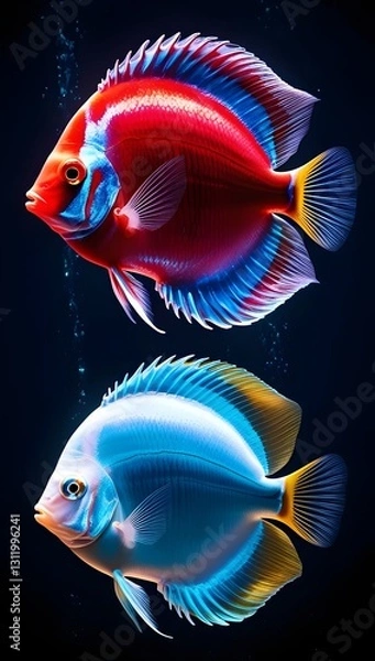 Obraz A radiant discus fish glows with fiery red, electric blue, and gold hues, floating elegantly in a dark, mystical underwater realm.