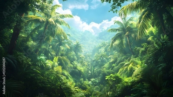 Fototapeta Breathtaking Horizontal View of a Lively Tropical Jungle Teeming with Colorful Flora