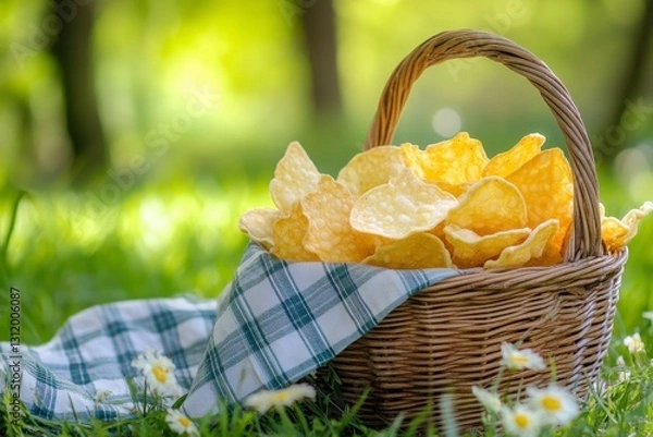 Obraz A wicker basket overflowing with golden potato chips rests on a green and white checkered picnic blanket in a sunny outdoor setting. Wildflowers dot