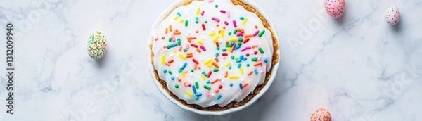Fototapeta Overhead shot of a small dessert with white icing and rainbow sprinkles, surrounded by pastel colored speckled eggs on a marble surface. 