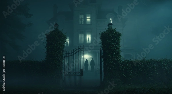 Fototapeta Eerie Haunted Victorian Mansion with Glowing Windows & Shadowy Figures