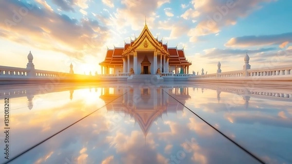 Fototapeta Beautiful Sunset Reflection of a Thai Temple with Colorful Clouds and Dramatic Sky