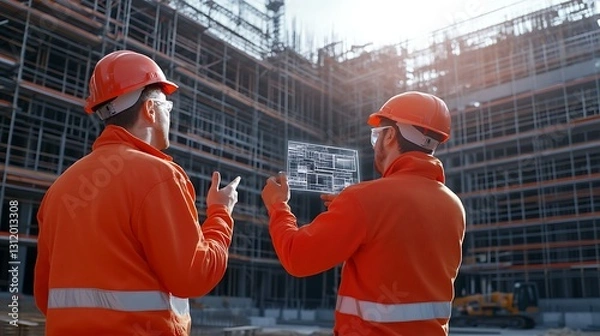 Fototapeta Construction Workers Review Building Plans on Site Amidst Scaffolding and Under Construction Area