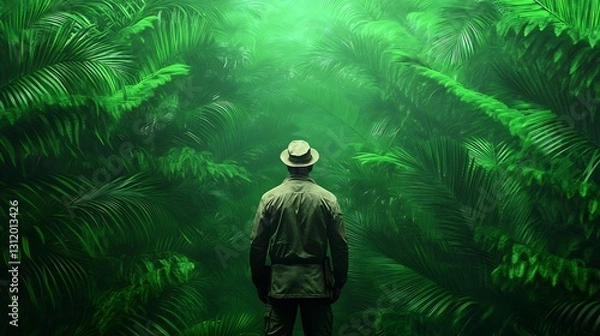 Fototapeta Man in a Hat Standing Amidst Lush Tropical Foliage in a Dense Green Jungle Setting