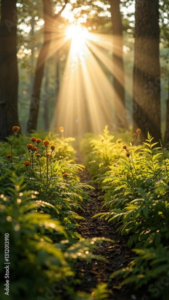 Fototapeta Ethereal Sun Rays Piercing Through a Dense Forest Canopy, Perfect for Wellness Articles and Nature Campaigns