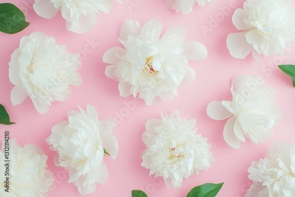 Fototapeta Flat lay pattern, white peonies on a pastel pink background.   Valentine's Day and Mother's Day Concept.