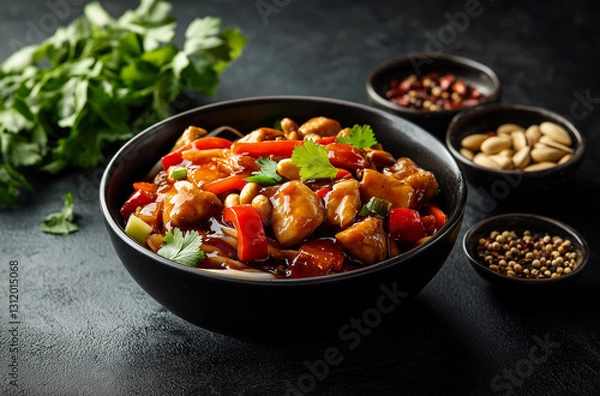 Fototapeta Black bowl with orange chicken and rice noodles in the middle of an Asian-style dish