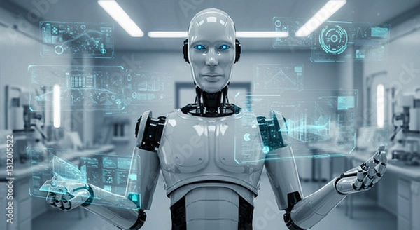 Fototapeta Advanced AI Robot Scientist in a Futuristic Laboratory