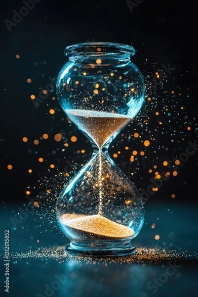 Fototapeta A glowing hourglass filled with bioluminescent particles representing time.