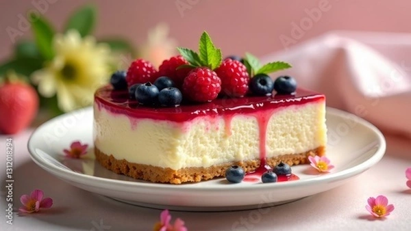 Fototapeta A Delectable Slice of Creamy Cheesecake Topped with a Luscious Berry Glaze and Fresh Raspberries and Blueberries