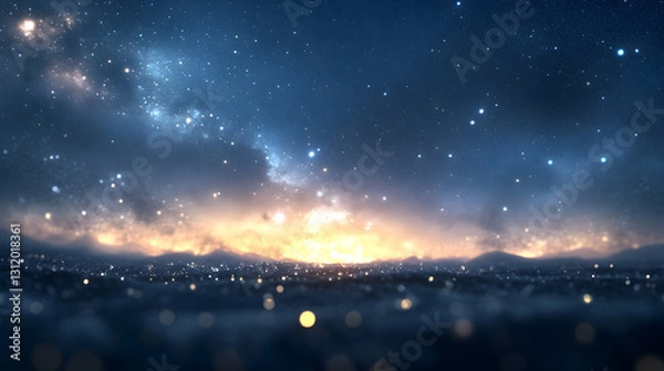 Fototapeta night sky filled with bright stars and a faint galaxy glowing on the horizon with a soft nebula in the background 