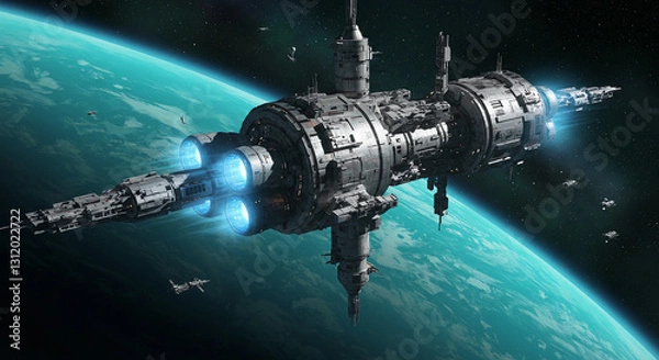 Fototapeta Massive Space Station Orbiting a Distant Planet with Astronauts