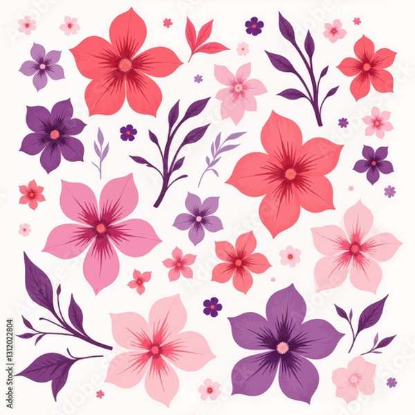 Fototapeta Pink and Purple Flower Pattern Illustration on White