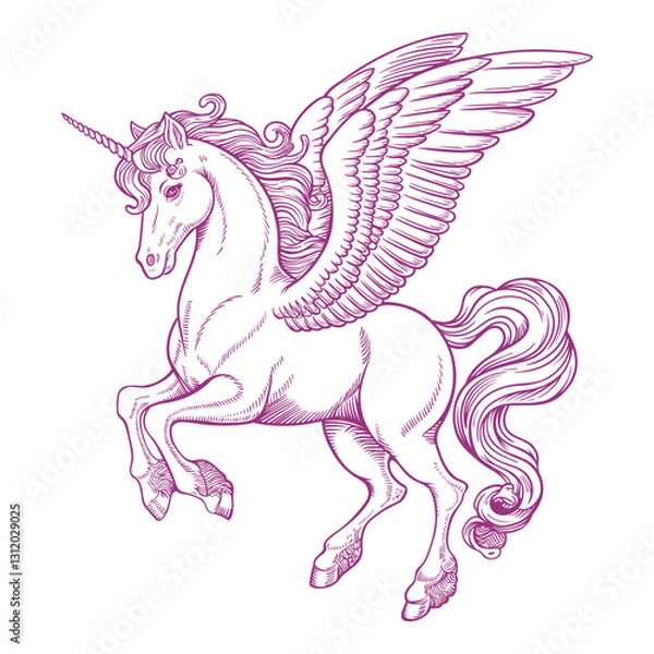 Fototapeta A detailed sketch of a winged unicorn, rendered in purple lines on a white background