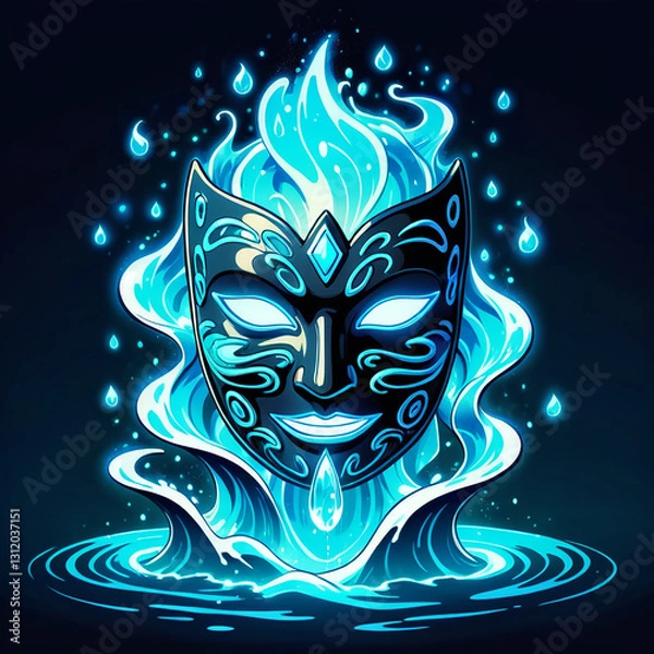 Fototapeta A black, ornate mask magically rises from a pool of blue flames, creating a captivating fantasy scene.