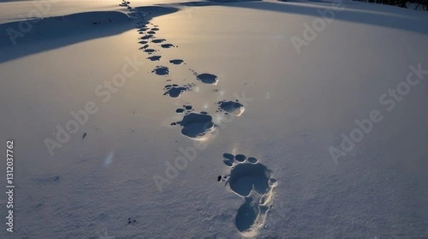 Fototapeta Winter Wonderland Footprints: A Journey Across a Snowy Landscape. generative.ai