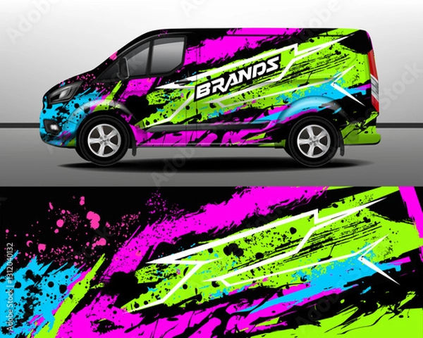 Fototapeta Vector delivery van design. Graphic abstract stripes and paint splashes racing background for truck and car wrap design. Car design development for company.
