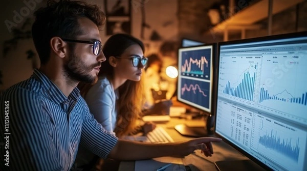 Obraz Focused team analyzing data on monitors in a high-tech office. AI generated
