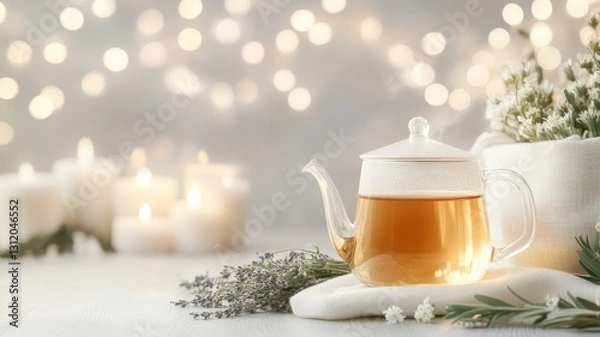 Fototapeta A cozy setting with a glass teapot brewing herbal tea with chamomile, mint, and lavender, surrounded by candles and fresh flowers